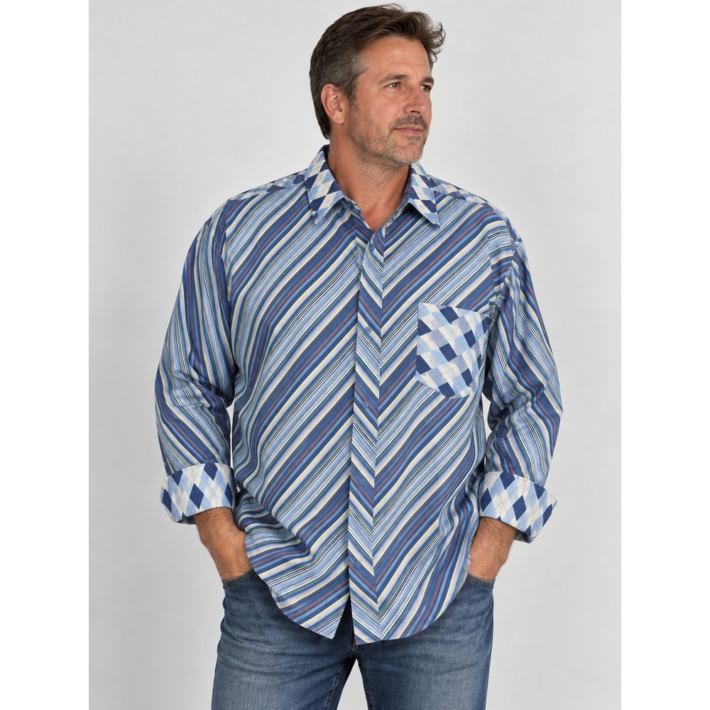 Trust USA Men's 2XL Blue Stripe Argyle Cuff Long Sleeve Button Down Shirt